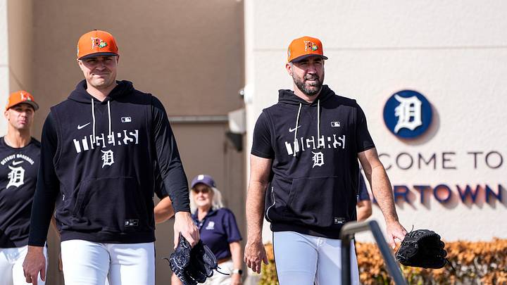 Detroit Tigers pitcher Tarik Skubal, left, and pitcher Justin Verlander walks toward practice field during spring training at TigerTown in Lakeland, Fla. on Thursday, Feb. 12, 2026.