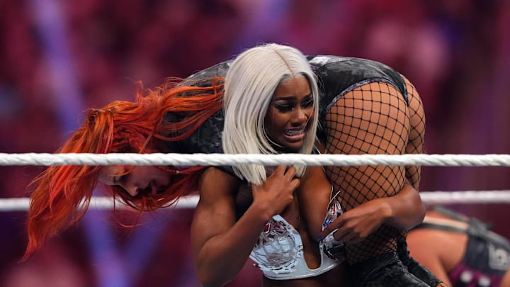 Jade Cargill attacks Becky Lynch during the Women 's Royal Rumble match at Tropicana Field. 