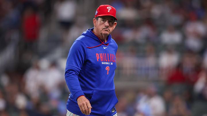 Apr 25, 2026; Atlanta, Georgia, USA; Philadelphia Phillies head coach Rob Thomson (49) makes a pitching change against the Atlanta Braves in the sixth inning at Truist Park. Mandatory Credit: Brett Davis-Imagn Images