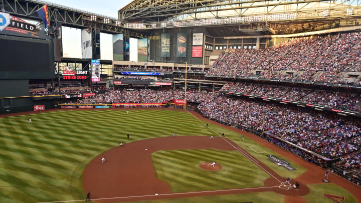 Nov 1, 2023; Phoenix, AZ, USA; General view of the stadium in the first inning of the game between the Arizona Diamondbacks and the Texas Rangers in game five of the 2023 World Series at Chase Field. Mandatory Credit: Matt Kartozian-USA TODAY Sports