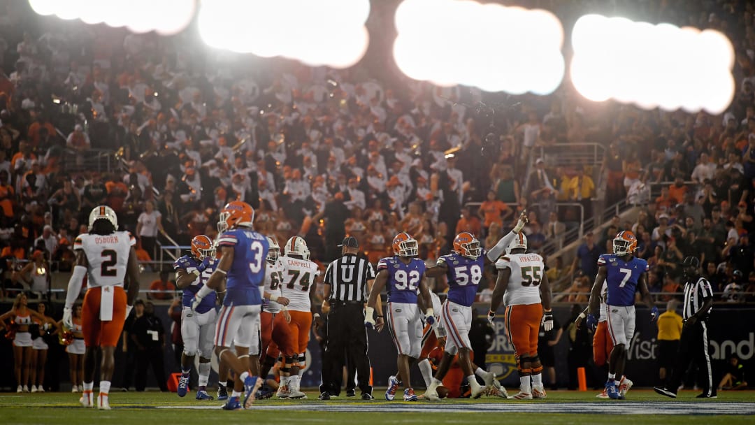 Aug 24, 2019; Orlando, FL, USA; (Editors note in camera double exposure) Florida Gators linebacker Jonathan Greenard (58) celebrates a sack of Miami Hurricanes quarterback Jarren Williams (15) during the second half at Camping World Stadium. Mandatory Credit: Jasen Vinlove-USA TODAY Sports