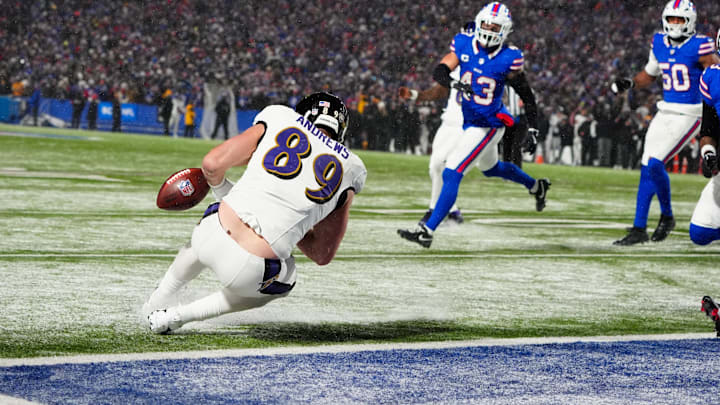 Mark Andrews drops a pass during the Ravens' 27–25 loss to the Bills on Jan. 19, 2025. Mark Andrews drops a pass during the Ravens' 27–25 loss to the Bills on Jan. 19, 2025.
