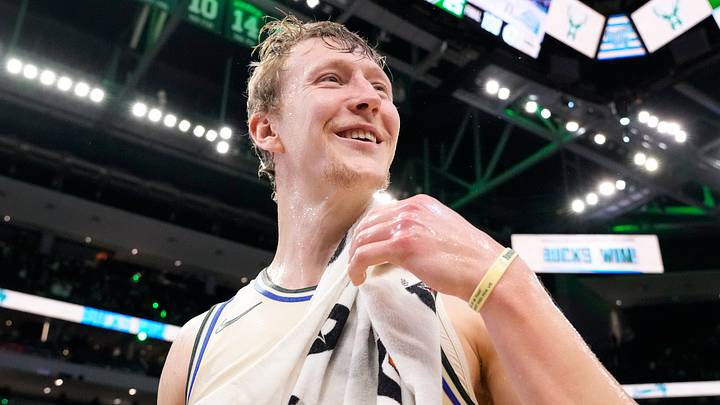 Apr 10, 2026; Milwaukee, Wisconsin, USA;  Milwaukee Bucks guard AJ Green (20) reacts after being doused with water following the game against the Brooklyn Nets at Fiserv Forum. Mandatory Credit: Jeff Hanisch-Imagn Images
