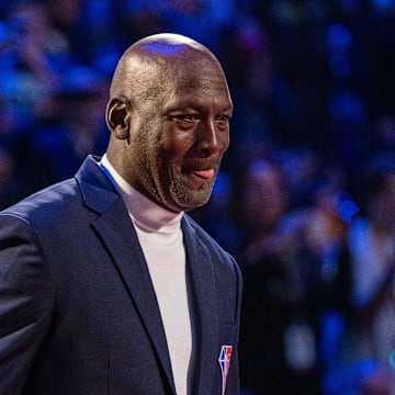 NBA great Michael Jordan is honored for being selected to the NBA 75th Anniversary Team at Rocket Mortgage FieldHouse. 