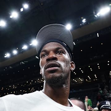 May 29, 2023; Boston, Massachusetts, USA; Miami Heat forward Jimmy Butler (22) celebrates after the Heat defeated the Boston Celtics in game seven of the Eastern Conference Finals for the 2023 NBA playoffs at TD Garden. Mandatory Credit: David Butler II-Imagn Images