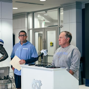 Bill Belichick speaking to the press before UNC's first practice of fall camp on Aug. 2, 2025