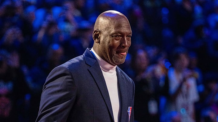 NBA great Michael Jordan is honored for being selected to the NBA 75th Anniversary Team at Rocket Mortgage FieldHouse. 