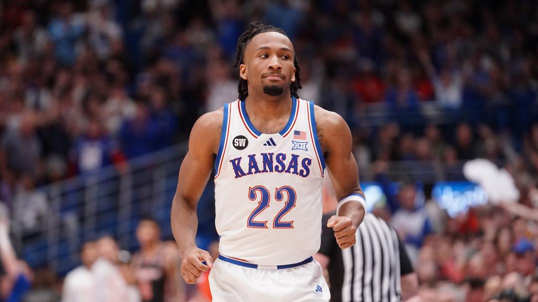 Kansas Jayhawks guard Darryn Peterson (22) jogs back after making a three-pointer against Houston Cougars during the game inside Allen Fieldhouse on Monday, Feb. 23, 2026.