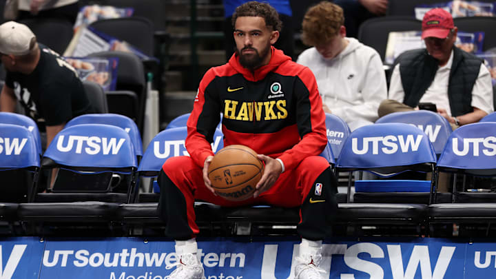 Trae Young #11 of the Atlanta Hawks looks on against the Dallas Mavericks.