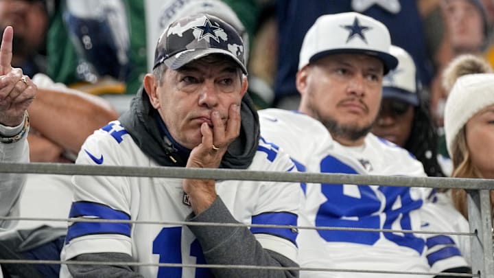 Jan 14, 2024; Arlington, Texas, USA; Dallas Cowboys fans watch their team against the Green Bay Packers during the fourth quarter in a 2024 NFC wild card game at AT&T Stadium. Mandatory Credit: Mark Hoffman-Imagn Images