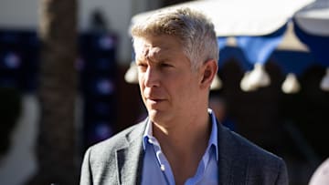 Nov 7, 2023; Scottsdale, AZ, USA; Baltimore Orioles general manager Mike Elias speaks to the media during the MLB General Manager's Meetings at Omni Scottsdale Resort & Spa.