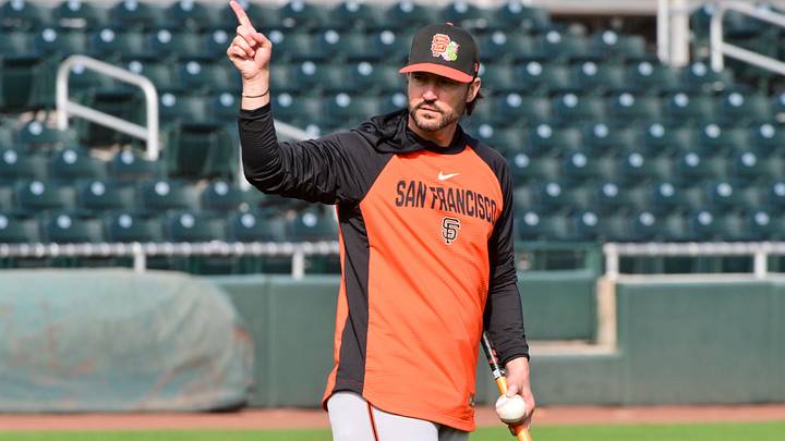 Feb 18, 2026; Scottsdale, AZ, USA; San Francisco Giants manager Tony Vitello (23) reacts during a Spring Training workout at Scottsdale Stadium Mandatory Credit: Matt Kartozian-Imagn Images