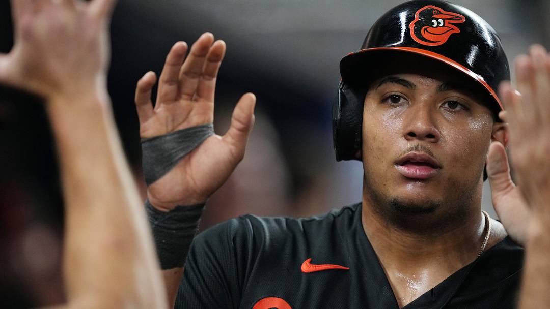 May 5, 2026; Miami, Florida, USA; Baltimore Orioles catcher Samuel Basallo (29) celebrates after scoring a run in the fifth inning against the Miami Marlins at loanDepot Park. Mandatory Credit: Jim Rassol-Imagn Images