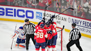 Jun 17, 2025; Sunrise, Florida, USA; Florida Panthers center Sam Reinhart (13) celebrates after his goal against the Edmonton Oilers with teammates during the second period in game six of the 2025 Stanley Cup Final at Amerant Bank Arena. 