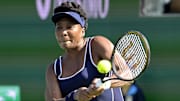 Venus Williams returns a shot at the 2024 BNP Paribas Open.