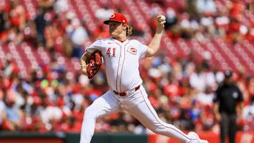 Aug 18, 2024; Cincinnati, Ohio, USA; Cincinnati Reds starting pitcher Andrew Abbott (41) pitches against the Kansas City Royals in the first inning at Great American Ball Park. Mandatory Credit: Katie Stratman-Imagn Images