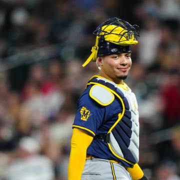 Jul 3, 2024; Denver, Colorado, USA; Milwaukee Brewers catcher William Contreras (24) reacts in the sixth inning against the Colorado Rockies at Coors Field.