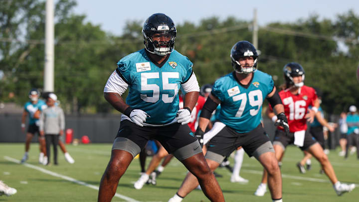 Jul 23, 2025; Jacksonville, FL, USA; Jacksonville Jaguars guard Chuma Edoga (55) participates in training camp at Miller Electric Center. Mandatory Credit: Nathan Ray Seebeck-Imagn Images