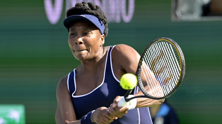 Venus Williams returns a shot at the 2024 BNP Paribas Open. Venus Williams returns a shot at the 2024 BNP Paribas Open.
