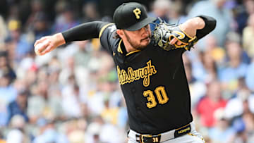 Jun 25, 2025; Milwaukee, Wisconsin, USA;  Pittsburgh Pirates starting pitcher Paul Skenes (30) throws a pitch in the first inning against the Milwaukee Brewers at American Family Field. Mandatory Credit: Benny Sieu-Imagn Images