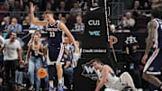 Gonzaga Bulldogs forward Ben Gregg (33) celebrates against the St. Mary's Gaels during the first half in the final of the West Coast Conference tournament at Orleans Arena