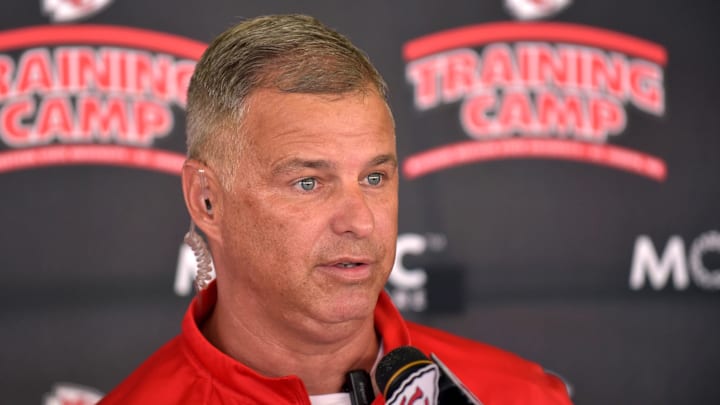 Jul 29, 2015; St. Joseph, MO, USA; Kansas City Chiefs head athletic trainer Rick Burkholder addresses the media after the first day of camp at Missouri Western State University. Mandatory Credit: Denny Medley-Imagn Images