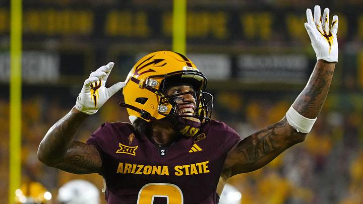Arizona State wide receiver Jordyn Tyson (0) waves to fans after a reception against NAU during a game at Mountain America Stadium in Tempe on Aug. 30, 2025.