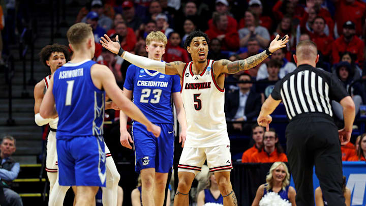 Mar 20, 2025; Lexington, KY, USA; Louisville Cardinals guard Terrence Edwards Jr. (5) reacts after a play during the second half against the Creighton Bluejays in the first round of the NCAA Tournament at Rupp Arena. Mandatory Credit: Jordan Prather-Imagn Images