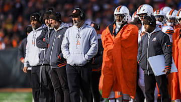 Dec 22, 2024; Cincinnati, Ohio, USA; Cleveland Browns head coach Kevin Stefanski during the second half against the Cincinnati Bengals at Paycor Stadium. Mandatory Credit: Katie Stratman-Imagn Images