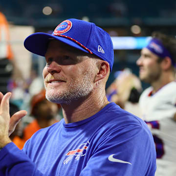 Sep 12, 2024; Miami Gardens, Florida, USA; Buffalo Bills head coach Sean McDermott reacts after the game against the Miami Dolphins at Hard Rock Stadium. Mandatory Credit: Sam Navarro-Imagn Images