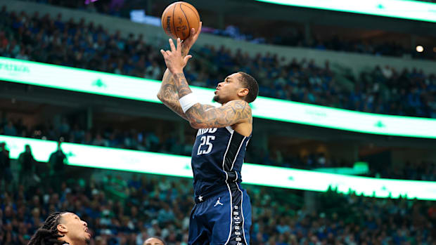 May 11, 2024; Dallas, Texas, USA; Dallas Mavericks forward P.J. Washington (25) shoots over Oklahoma