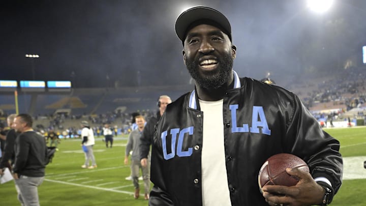 Nov 8, 2024; Pasadena, California, USA; UCLA Bruins head coach DeShaun Foster leaves the field with the game ball after defeating the Iowa Hawkeyes at the Rose Bowl. Mandatory Credit: Jayne Kamin-Oncea-Imagn Images Nov 8, 2024; Pasadena, California, USA; UCLA Bruins head coach DeShaun Foster leaves the field with the game ball after defeating the Iowa Hawkeyes at the Rose Bowl. Mandatory Credit: Jayne Kamin-Oncea-Imagn Images