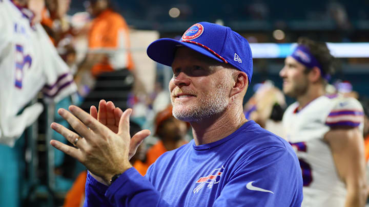 Sep 12, 2024; Miami Gardens, Florida, USA; Buffalo Bills head coach Sean McDermott reacts after the game against the Miami Dolphins at Hard Rock Stadium. Mandatory Credit: Sam Navarro-Imagn Images