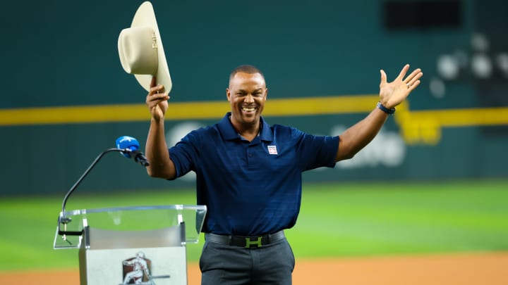 Aug 17, 2024; Arlington, Texas, USA;  Texas Rangers Hall of Fame player Adrian Beltre reacts to the news that he will be getting a statue outside of the ballpark before the game against the Minnesota Twins at Globe Life Field. Mandatory Credit: Kevin Jairaj-USA TODAY Sports