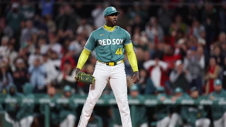 May 8, 2026; Boston, Massachusetts, USA; Boston Red Sox relief pitcher Aroldis Chapman (44) reacts during the ninth inning against the Tampa Bay Rays at Fenway Park. Mandatory Credit: Paul Rutherford-Imagn Images