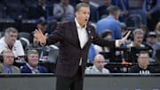 Mar 27, 2025; San Francisco, CA, USA; Arkansas Razorbacks head coach John Calipari watches play downcourt during the first half against the Texas Tech Red Raiders during a West Regional semifinal of the 2025 NCAA tournament at Chase Center. Mandatory Credit: Kyle Terada-Imagn Images