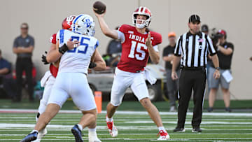 Sep 12, 2025; Bloomington, Indiana, USA; Indiana Hoosiers quarterback Fernando Mendoza (15) throws a pass during the first half against the Indiana State Sycamores at Memorial Stadium. Mandatory Credit: Robert Goddin-Imagn Images