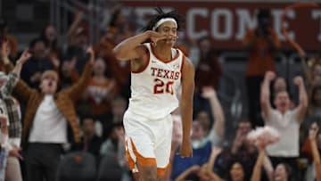 Jan 25, 2025; Austin, Texas, USA; Texas Longhorns guard Tre Johnson (20) reacts after scoring a three point basket during the second half against the Texas A&M Aggies at Moody Center. Mandatory Credit: Scott Wachter-Imagn Images
