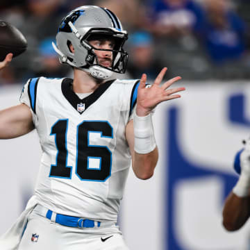 Aug 18, 2023; East Rutherford, New Jersey, USA; Carolina Panthers quarterback Jake Luton (16) throws a pass against the New York Giants during the fourth quarter at MetLife Stadium. Mandatory Credit: John Jones-USA TODAY Sports