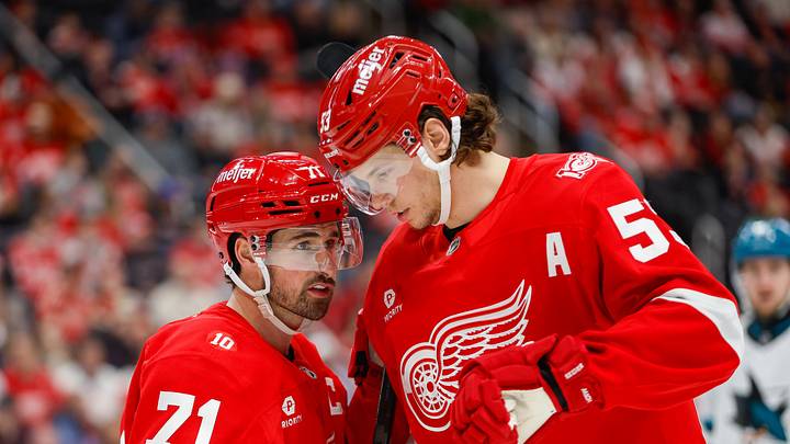 Jan 16, 2026; Detroit, Michigan, USADetroit Red Wings center Dylan Larkin (71) talks with defenseman Moritz Seider (53) during the first period against the San Jose Sharks  at Little Caesars Arena. Mandatory Credit: Brian Bradshaw Sevald-Imagn Images