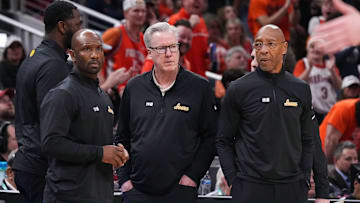 Iowa Hawkeyes head coach Fran McCaffery (middle) is ejected from the game Thursday, March 13, 2025, during the second round of the men's Big Ten tournament at Gainbridge Fieldhouse in Indianapolis. The Illinois Fighting Illini defeated the Iowa Hawkeyes, 106-94.
