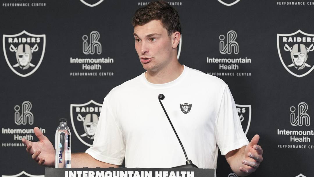Las Vegas Raiders quarterback Fernando Mendoza speaks during a news conference at the team’s Rookie Minicamp.