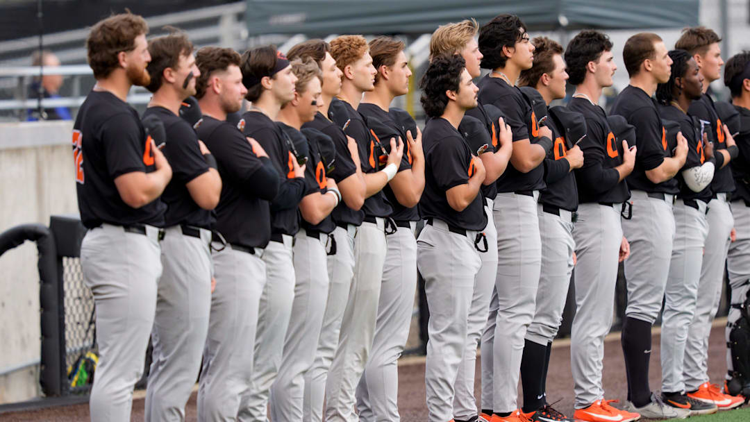 Oregon State players stand for the anthem as the Oregon Ducks host the Oregon State Beavers on March 3, 2026, at PK Park in Eugene, Oregon. Oregon State players stand for the anthem as the Oregon Ducks host the Oregon State Beavers on March 3, 2026, at PK Park in Eugene, Oregon.