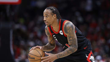 Apr 1, 2024; Chicago, Illinois, USA; Chicago Bulls forward DeMar DeRozan (11) looks to pass the ball against the Atlanta Hawks during the first half at United Center. Mandatory Credit: Kamil Krzaczynski-USA TODAY Sports