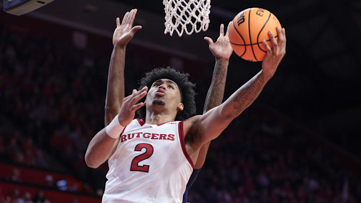 Nov 15, 2024; Piscataway, New Jersey, USA; Rutgers Scarlet Knights guard Dylan Harper (2) goes to the basket during the second half against the Monmouth Hawks at Jersey Mike's Arena. Mandatory Credit: Vincent Carchietta-Imagn Images