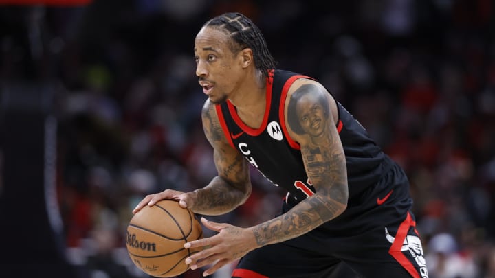 Apr 1, 2024; Chicago, Illinois, USA; Chicago Bulls forward DeMar DeRozan (11) looks to pass the ball against the Atlanta Hawks during the first half at United Center. Mandatory Credit: Kamil Krzaczynski-USA TODAY Sports