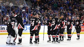Apr 17, 2025; Buffalo, New York, USA;  The Buffalo Sabres celebrate a win over the Philadelphia Flyers at KeyBank Center. Mandatory Credit: Timothy T. Ludwig-Imagn Images