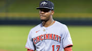Nov 9, 2025; Mesa, AZ, USA; Cincinnati Reds infielder Leo Balcazar during the Arizona Fall League Fall Stars Game at Sloan Park. Mandatory Credit: Mark J. Rebilas-Imagn Images