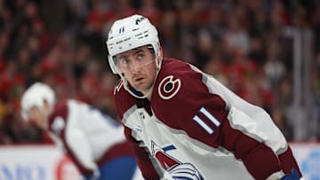 Apr 2, 2025; Chicago, Illinois, USA; Colorado Avalanche center Brock Nelson (11) waits for a faceoff during the second period against the Chicago Blackhawks at United Center. Mandatory Credit: Talia Sprague-Imagn Images