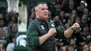 Dec 2, 2025; East Lansing, Michigan, USA;  Michigan State head football coach Pat Fitzgerald watches the Spartans defeat the Iowa Hawkeyes at Jack Breslin Student Events Center. Mandatory Credit: Dale Young-Imagn Images